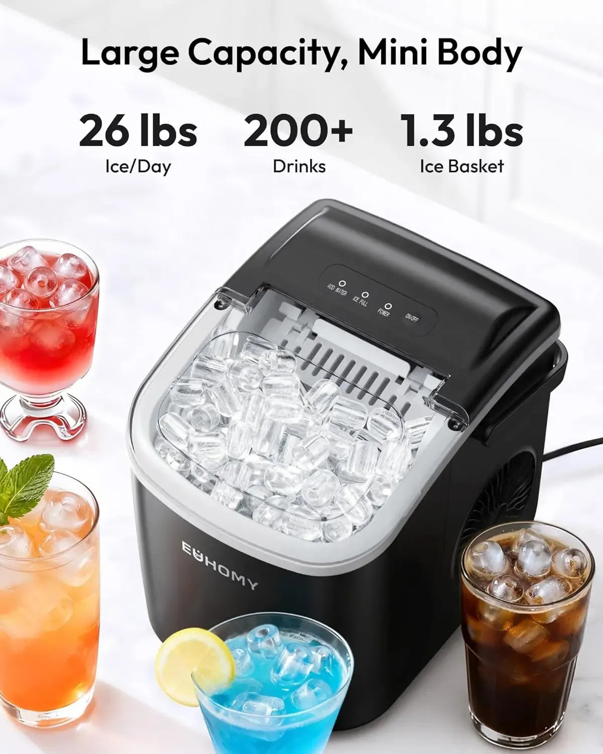 Countertop Portable Ice Maker with Handle, 26lbs Ice Per Day, 9 Cubes Ready in 6 Minutes, Auto-Cleaning Ice Machine with Basket and Scoop for Home, Kitchen, Camping & RV