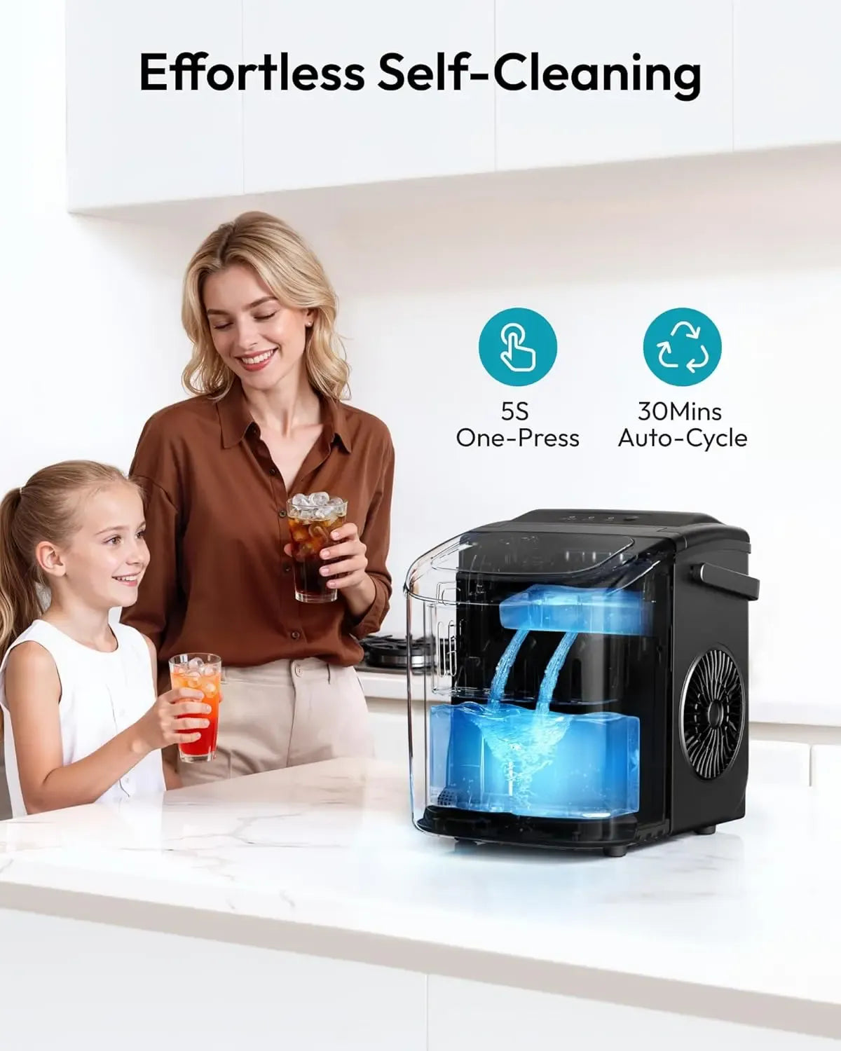 Countertop Portable Ice Maker with Handle, 26lbs Ice Per Day, 9 Cubes Ready in 6 Minutes, Auto-Cleaning Ice Machine with Basket and Scoop for Home, Kitchen, Camping & RV