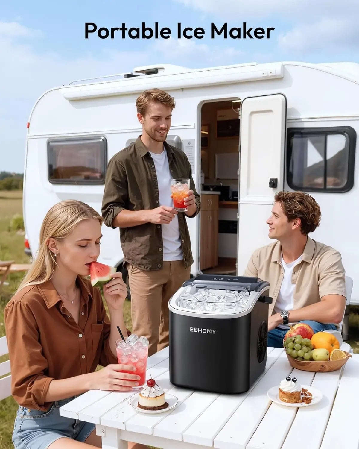 Countertop Portable Ice Maker with Handle, 26lbs Ice Per Day, 9 Cubes Ready in 6 Minutes, Auto-Cleaning Ice Machine with Basket and Scoop for Home, Kitchen, Camping & RV