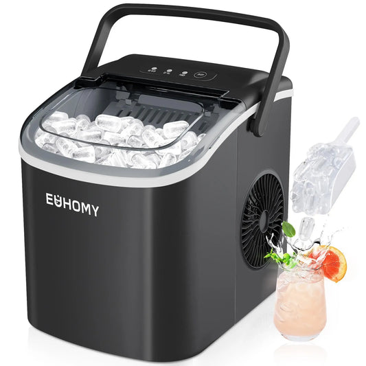 Countertop Portable Ice Maker with Handle, 26lbs Ice Per Day, 9 Cubes Ready in 6 Minutes, Auto-Cleaning Ice Machine with Basket and Scoop for Home, Kitchen, Camping & RV