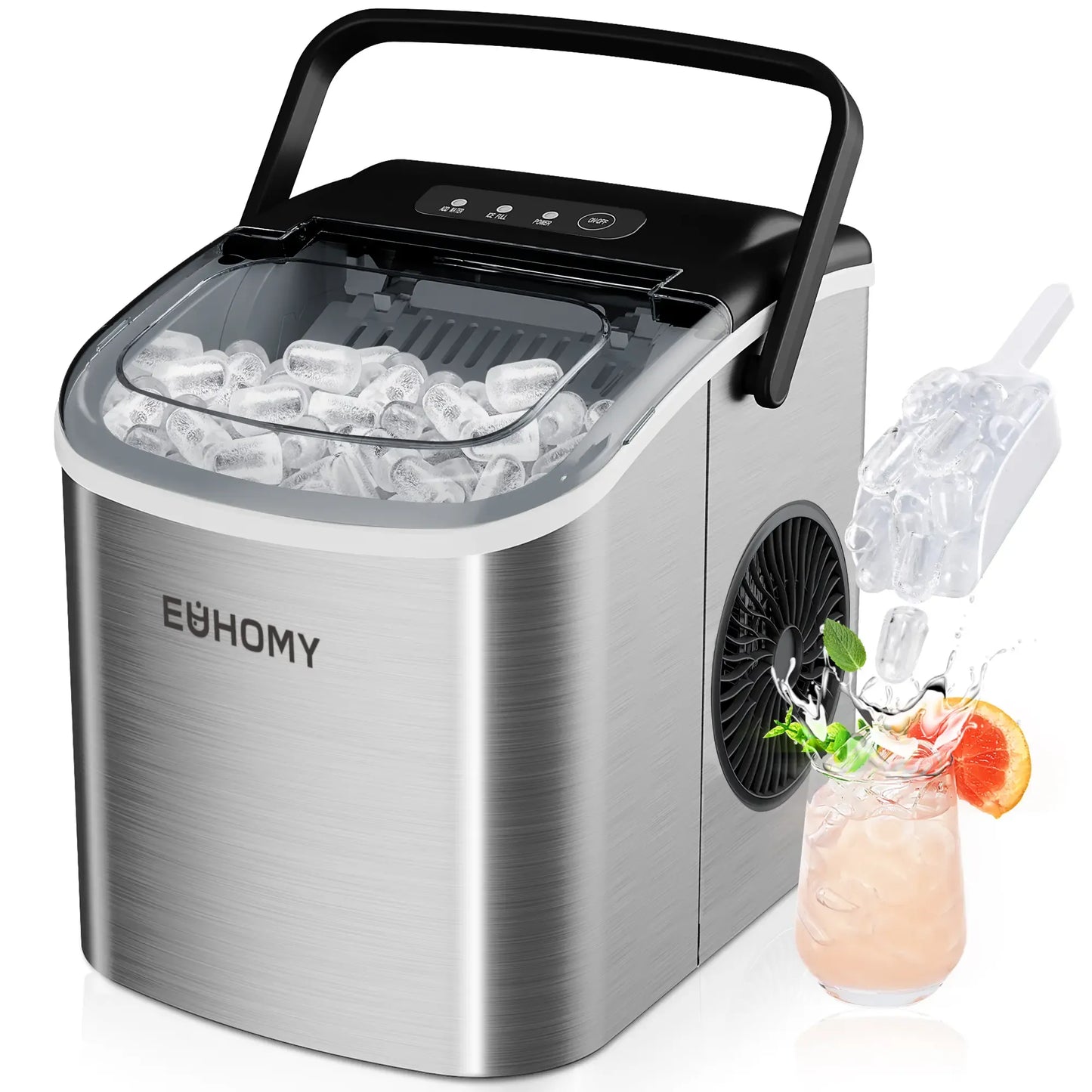 Countertop Portable Ice Maker with Handle, 26lbs Ice Per Day, 9 Cubes Ready in 6 Minutes, Auto-Cleaning Ice Machine with Basket and Scoop for Home, Kitchen, Camping & RV