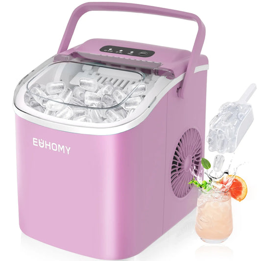 Countertop Portable Ice Maker with Handle, 26lbs Ice Per Day, 9 Cubes Ready in 6 Minutes, Auto-Cleaning Ice Machine with Basket and Scoop for Home, Kitchen, Camping & RV