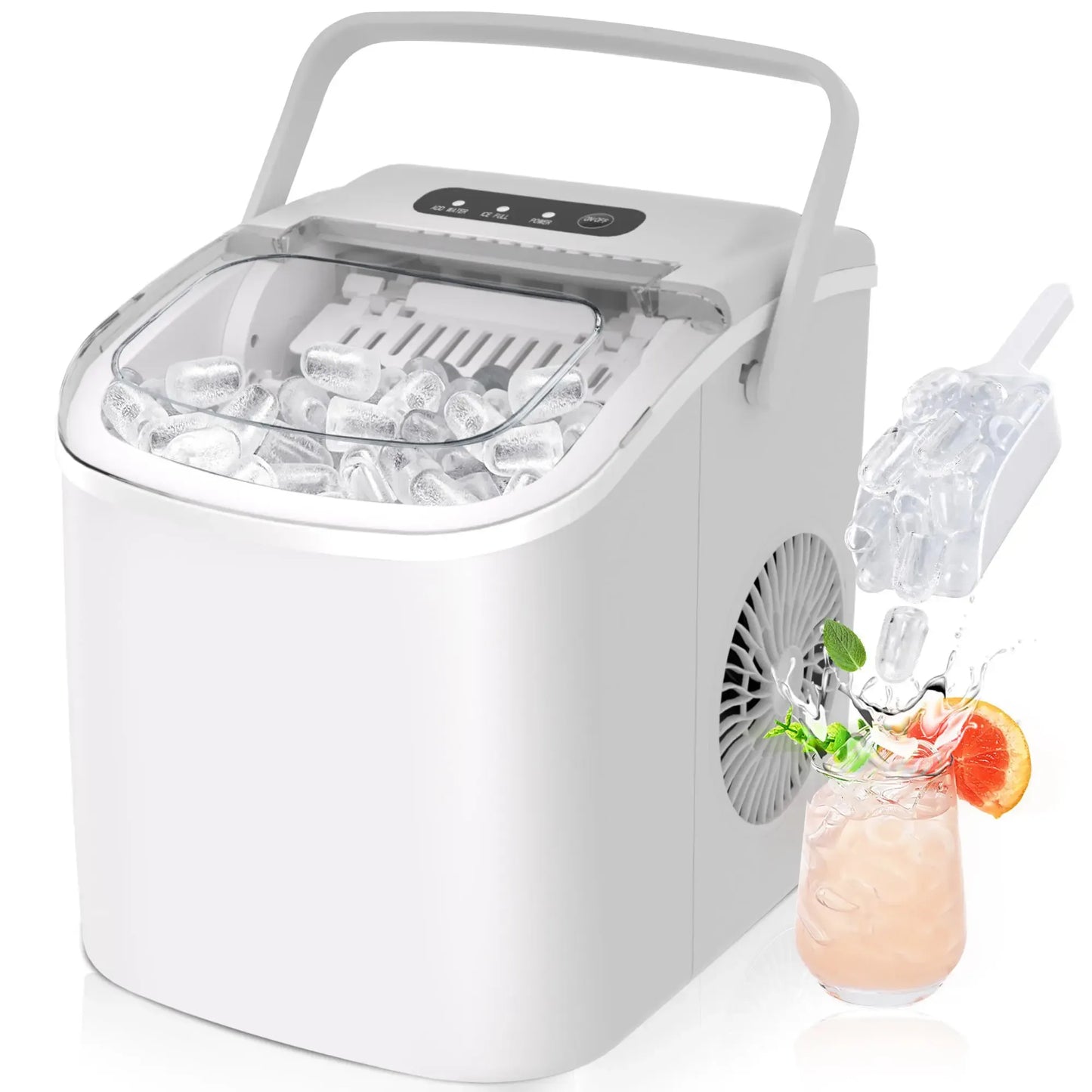 Countertop Portable Ice Maker with Handle, 26lbs Ice Per Day, 9 Cubes Ready in 6 Minutes, Auto-Cleaning Ice Machine with Basket and Scoop for Home, Kitchen, Camping & RV