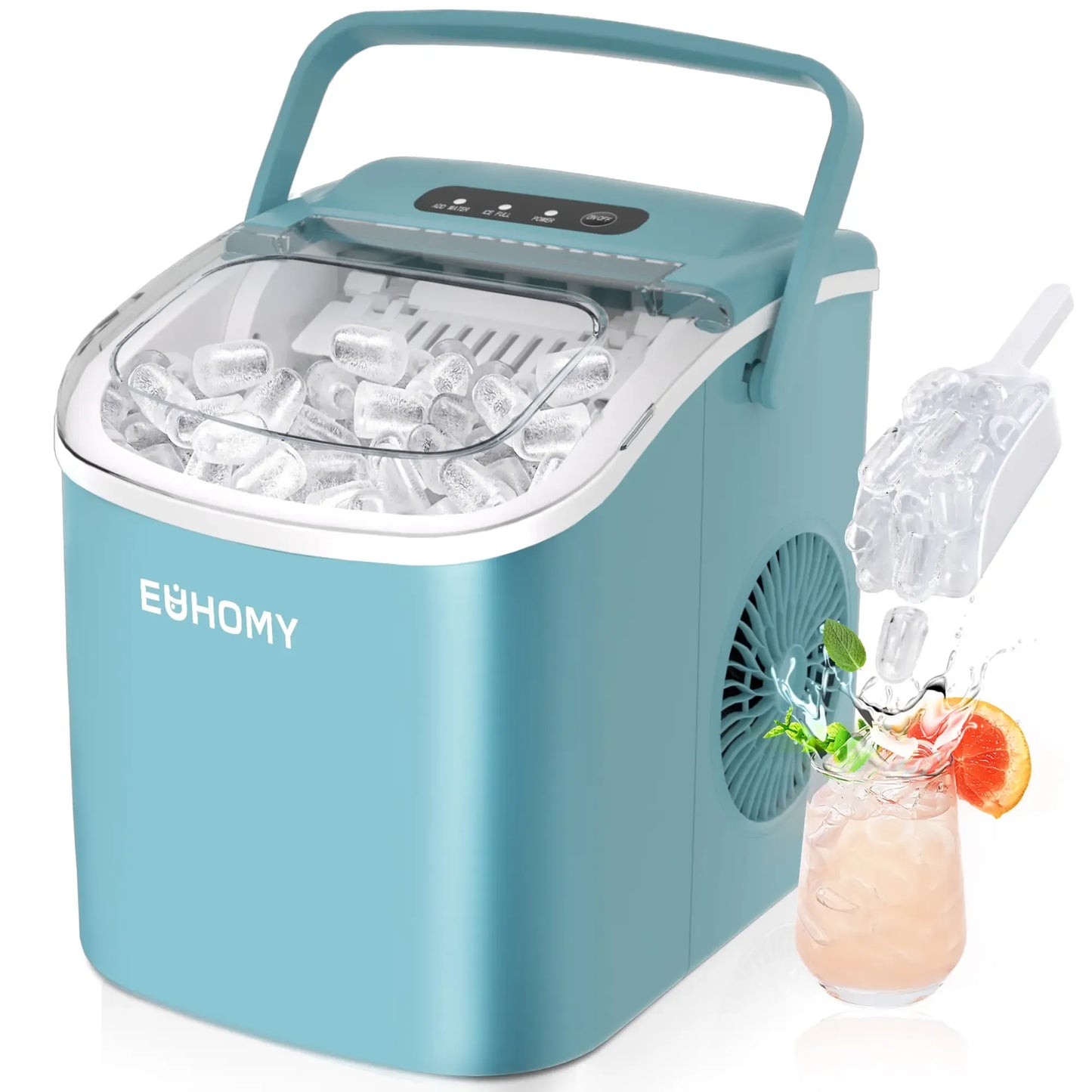 Countertop Portable Ice Maker with Handle, 26lbs Ice Per Day, 9 Cubes Ready in 6 Minutes, Auto-Cleaning Ice Machine with Basket and Scoop for Home, Kitchen, Camping & RV