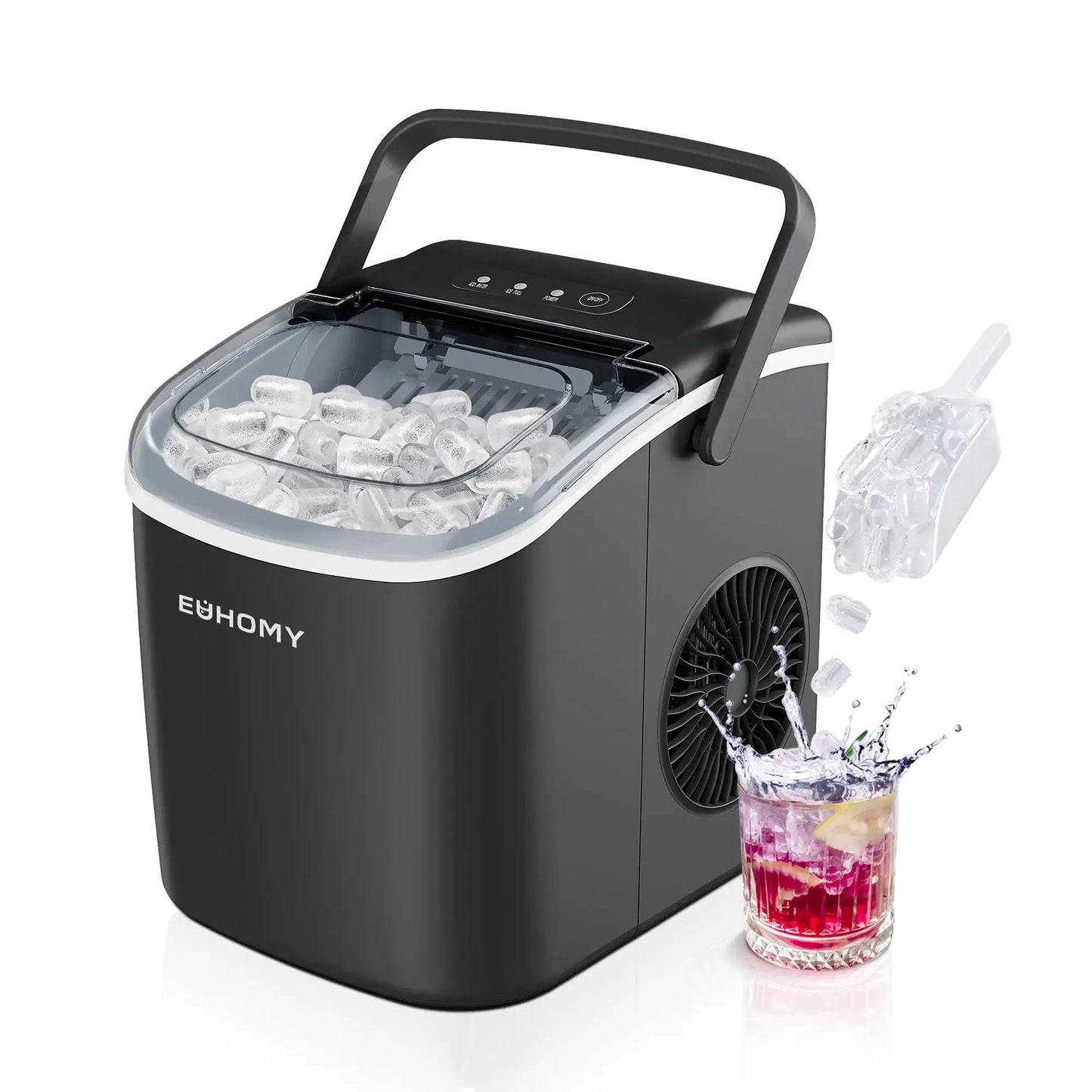 Countertop Portable Ice Maker with Handle, 26lbs Ice Per Day, 9 Cubes Ready in 6 Minutes, Auto-Cleaning Ice Machine with Basket and Scoop for Home, Kitchen, Camping & RV