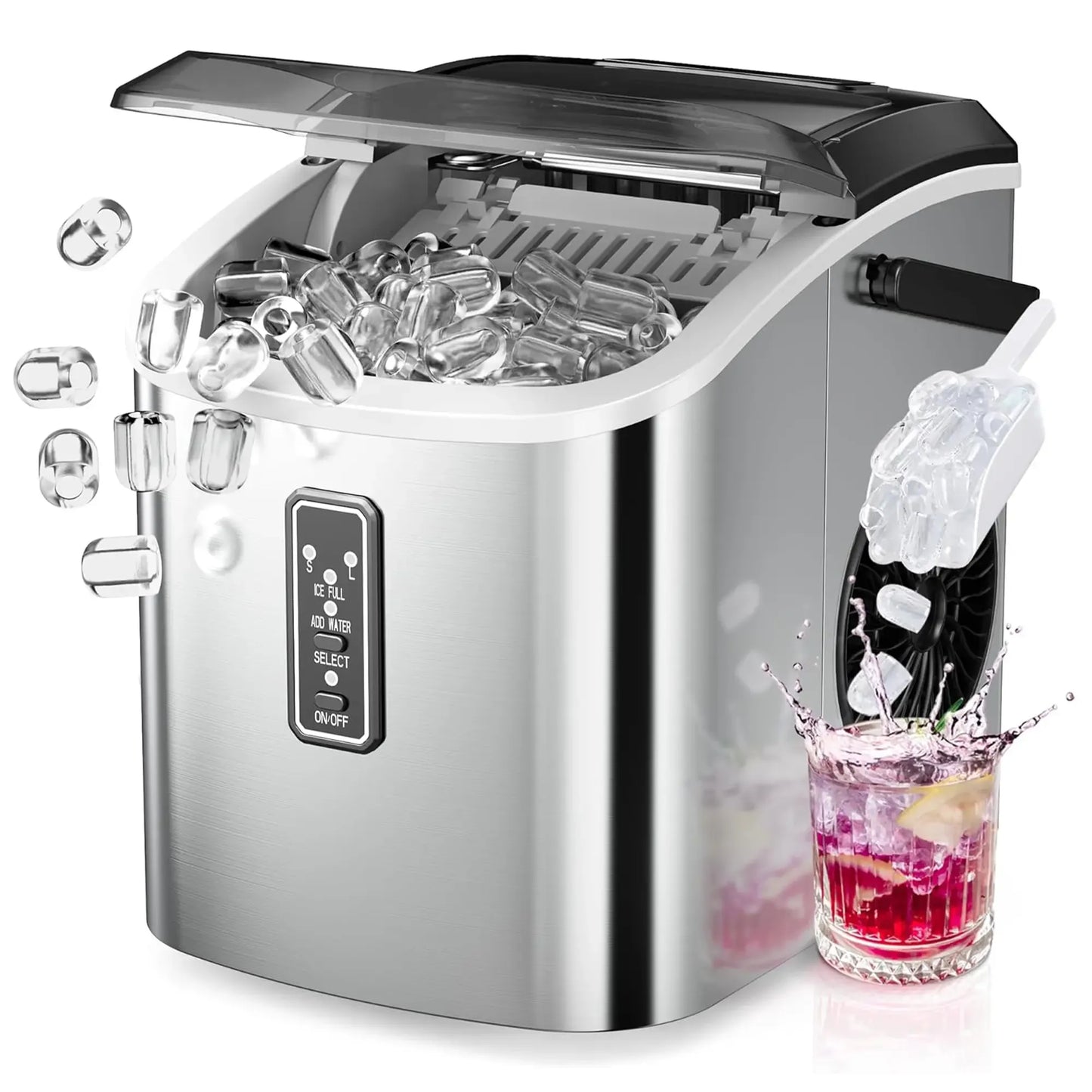 Countertop Portable Ice Maker with Handle, 26lbs Ice Per Day, 9 Cubes Ready in 6 Minutes, Auto-Cleaning Ice Machine with Basket and Scoop for Home, Kitchen, Camping & RV