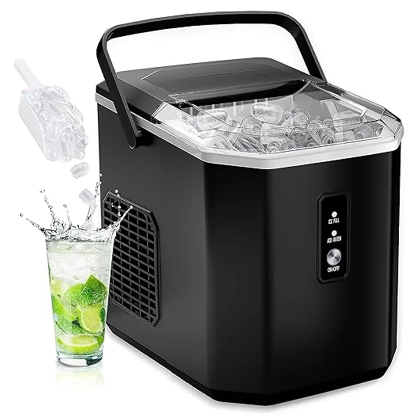 Countertop Portable Ice Maker with Handle, 26lbs Ice Per Day, 9 Cubes Ready in 6 Minutes, Auto-Cleaning Ice Machine with Basket and Scoop for Home, Kitchen, Camping & RV
