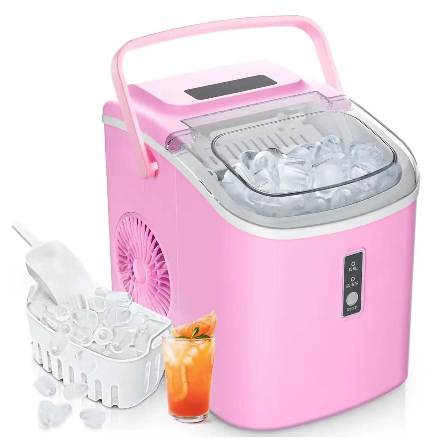 Countertop Portable Ice Maker with Handle, 26lbs Ice Per Day, 9 Cubes Ready in 6 Minutes, Auto-Cleaning Ice Machine with Basket and Scoop for Home, Kitchen, Camping & RV