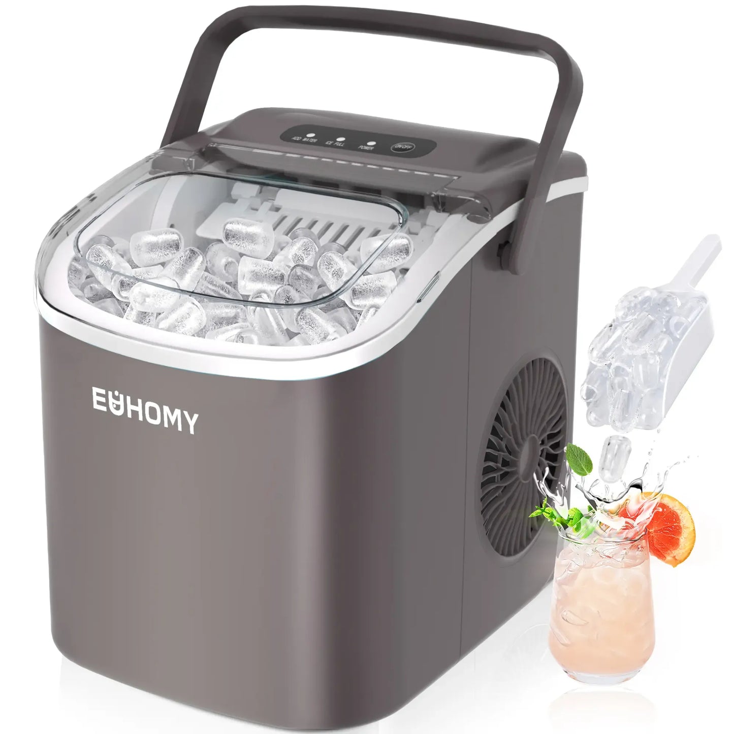 Countertop Portable Ice Maker with Handle, 26lbs Ice Per Day, 9 Cubes Ready in 6 Minutes, Auto-Cleaning Ice Machine with Basket and Scoop for Home, Kitchen, Camping & RV