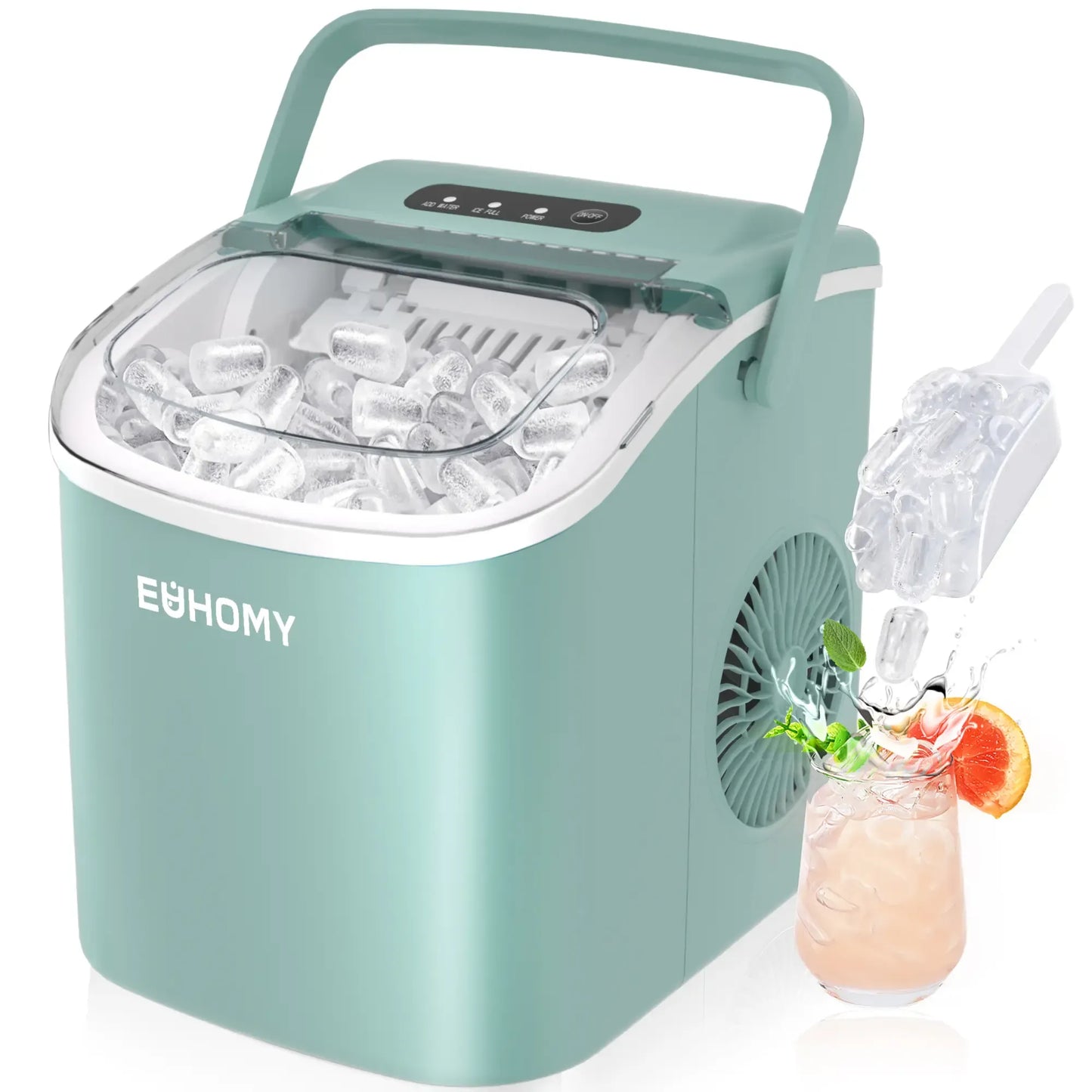 Countertop Portable Ice Maker with Handle, 26lbs Ice Per Day, 9 Cubes Ready in 6 Minutes, Auto-Cleaning Ice Machine with Basket and Scoop for Home, Kitchen, Camping & RV