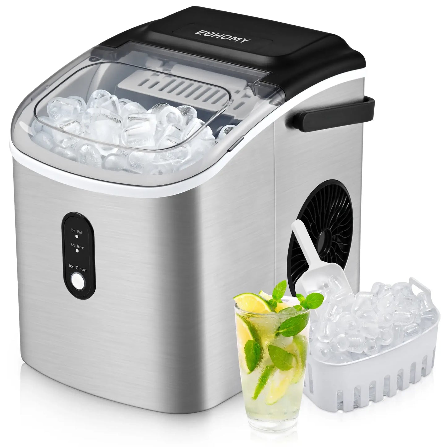 Countertop Portable Ice Maker with Handle, 26lbs Ice Per Day, 9 Cubes Ready in 6 Minutes, Auto-Cleaning Ice Machine with Basket and Scoop for Home, Kitchen, Camping & RV